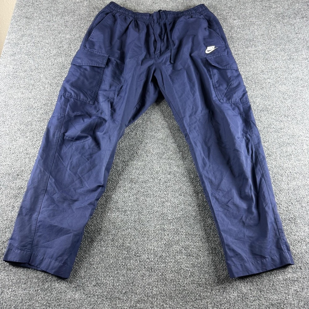 Nike Track Pants Mens 2XL Blue Woven Elastic Waist Cargo Pockets Swoosh Logo